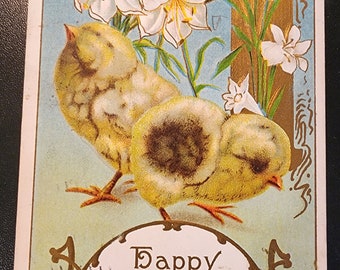 Vintage Easter Greetings Postcard Chicks and Flowers