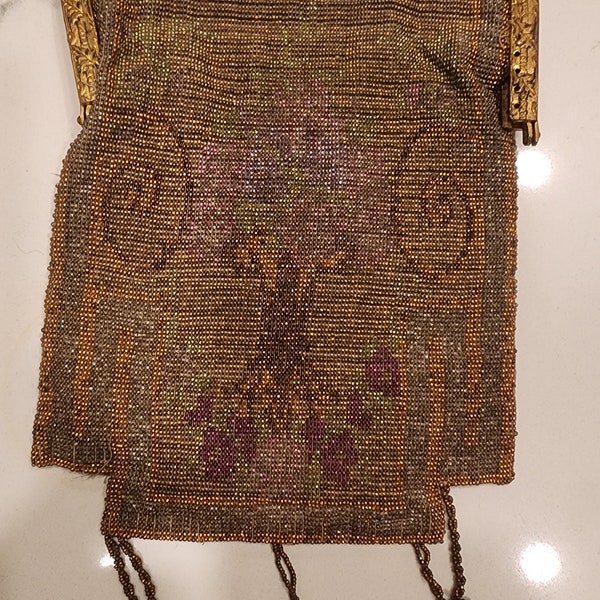 Antique 1880's - 1920s Gold and Green Deco Microbead Reticule Evening Flapper Purse