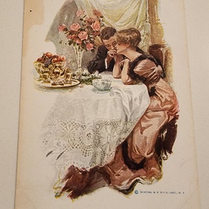 Vintage 1900s Romance Postcard Couple At Dinner First Evening in Their Own Home