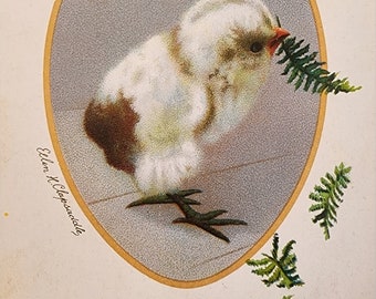 Vintage Easter Greetings Postcard Chick and Sprig