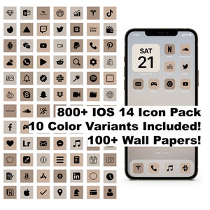 Może przedstawiać: Zbiór ponad 800 ikon iOS 14 w brązowo-czarnej kolorystyce. Ikony są wyświetlane na ekranie smartfona z tekstem "800+ IOS 14 Icon Pack", "10 Color Variants Included!" i "100+ Wall Papers!"