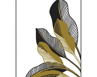 Abstract Art Print, Black White Gold Line Art, botanical art, Black and gold botanical wall art