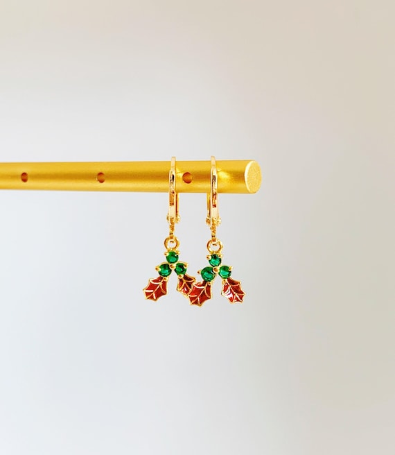 Dainty Mistletoe Huggie Earrings Christmas Earrings Holiday Jewelry