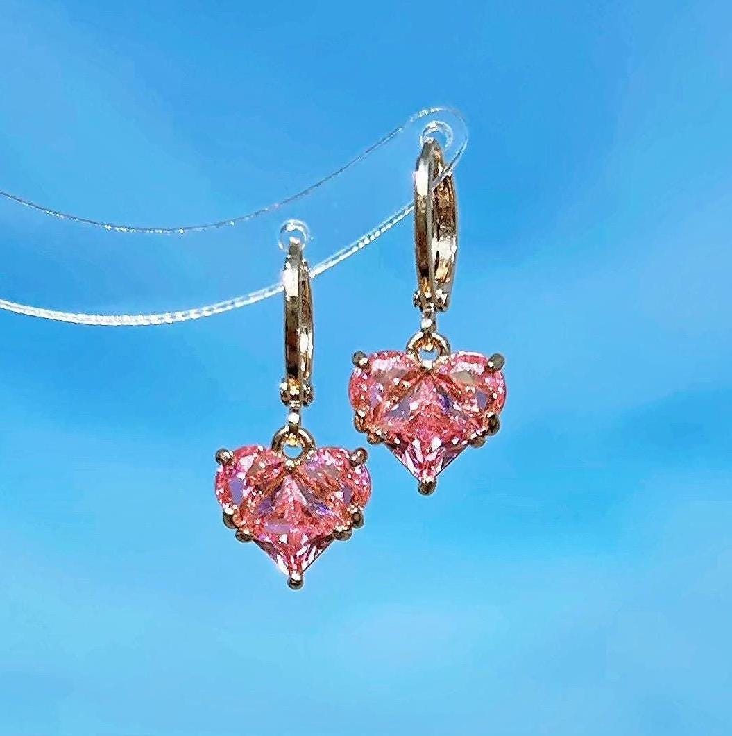 Dainty 14K Gold Plated Pink Heart Huggie Earrings