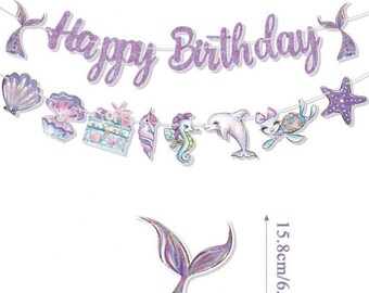Striscione di compleanno a tema sirena viola, festa di compleanno a tema sirena viola