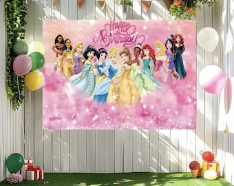 Striscione decorativo in tessuto per compleanno a tema Principesse Disney, 150*100 cm, 1 pezzo
