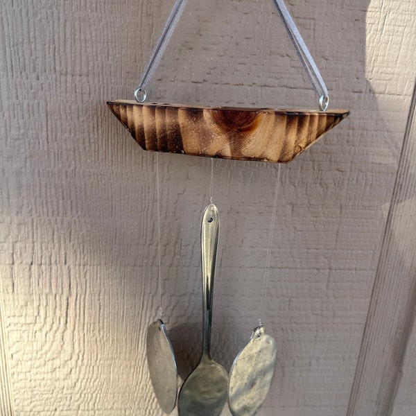 Charred cedar and vintage silverware upcycled wind chime