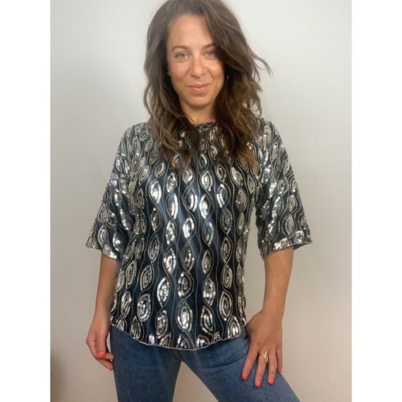 Vintage Black Silk Tunic with Silver Sequins and … - image 1