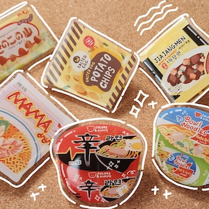 Asian Foodie Snacks Acrylic Pins, Snacks, Chips, Candies, Instant Noodles, Japanese Korean Chinese Thai Vietnamese Snacks Cute Pins