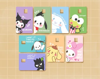 May include: A collection of rectangular keychains featuring various cartoon characters. The keychains are in different colors, including purple, green, blue, and pink. Each keychain has a character's image and name, such as Kuromi, Pochacco, and Cinnamoroll. Some keychains have text that says "I WANT IT! TAKE MY MONEY!"