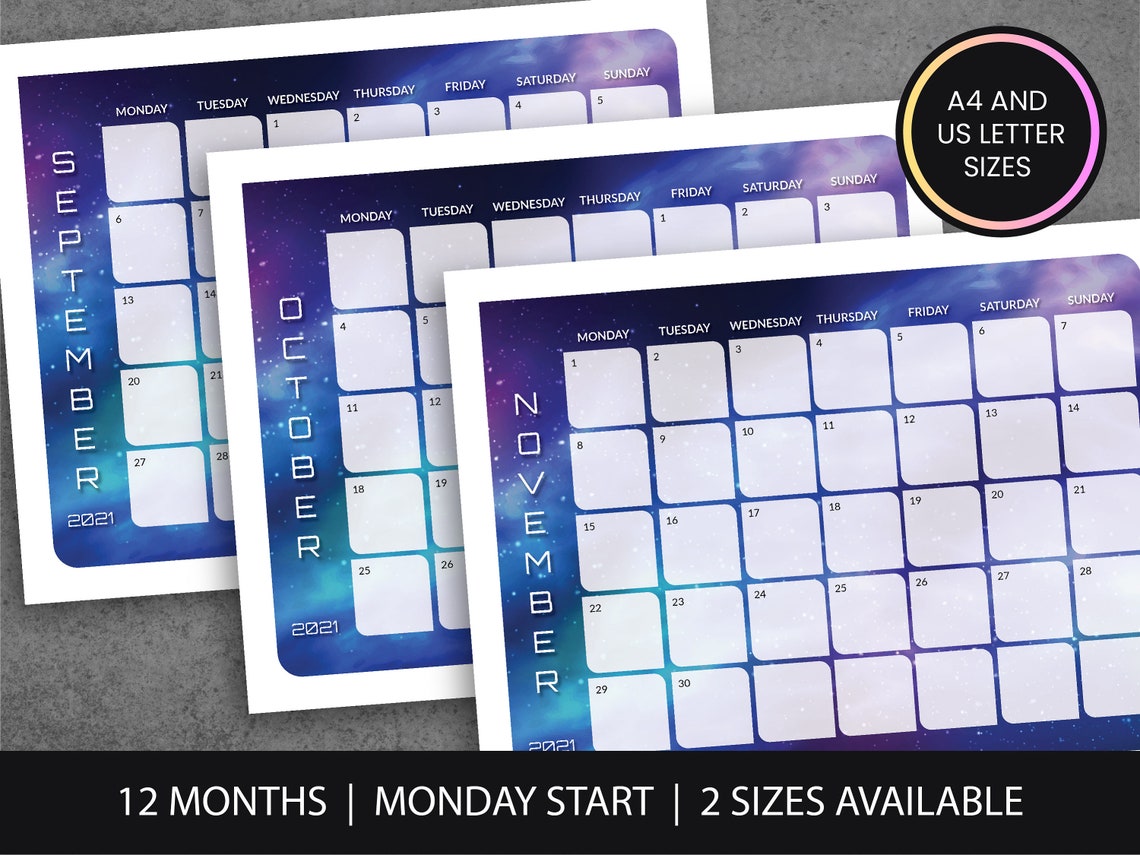 2021 Printable Galaxy Design Calendar A4 US Letter PDF | Etsy
