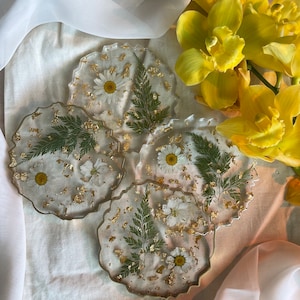White Floral and Gold Flake Resin Coasters image 8