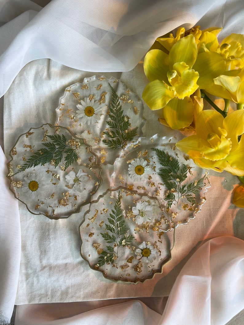 White Floral and Gold Flake Resin Coasters image 8