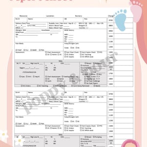 以下が含まれることがあります： リソース、授乳、ナーサリー、料金に関するセクションを含む、印刷可能な母子レポートシート。シートには、出産日時、アレルギー、鎮痛剤、赤ちゃんのバイタルサインなどの情報を記録するためのフィールドが含まれています。