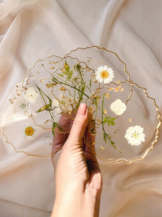 White Floral and Gold Flake Resin Coasters 