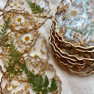 White Floral and Gold Flake Resin Coasters image 5