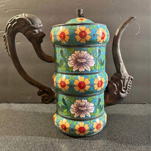 May include: An ornate, vintage teapot with a turquoise background and floral design. The teapot features a dragon-shaped handle and spout, with a lid. The body is decorated with yellow and red flowers, and white and purple flowers.