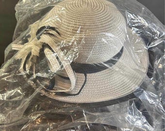 vintage-style white straw sun hat w/ black ribbon band cloche or derby hat, by Swan Hat New York