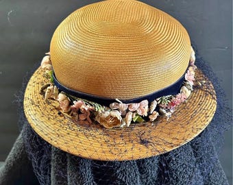 vintage straw boater hat from the 1940s-1950s by J.J. Haggarty.