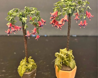 Dollhouse miniature fuchsia "standards" (miniature trees), likely handcrafted for use in 1:12 scale