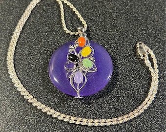 Multicolored Jade pendant, Lavender base w/red, yellow, black, green & lavender stones, in Sterling