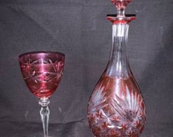 Val St. Lambert cranberry crystal decanter and (6) wine glass cordials -
