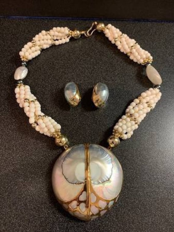 Large Ornate Shell and bead Necklace & Clip Earrin