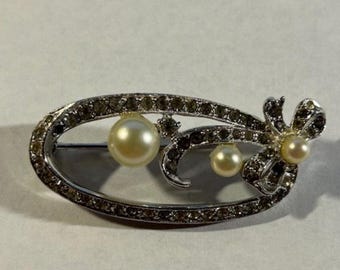 Vintage Clear Rhinestone & Faux Pearl Brooch, Deco