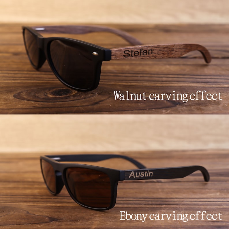 May include: Two pairs of sunglasses with wooden arms. The top pair has a walnut carving effect and the name "Stefan" engraved on the arm. The bottom pair has an ebony carving effect and the name "Austin" engraved on the arm.