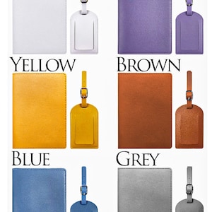 May include: Ten passport holders and luggage tags in different colours: pink, red, white, purple, yellow, brown, blue, grey, dark blue, and light blue. Each passport holder and luggage tag is made of leather.
