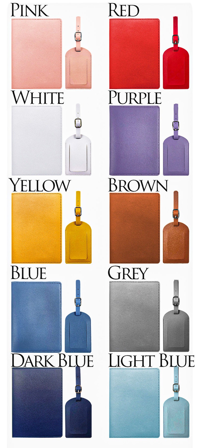 May include: Ten passport holders and luggage tags in different colours: pink, red, white, purple, yellow, brown, blue, grey, dark blue, and light blue. Each passport holder and luggage tag is made of leather.