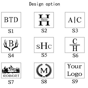 May include: Nine different design options for a personalised monogram. The options include initials, names, and symbols such as antlers, a mountain, and a wreath.