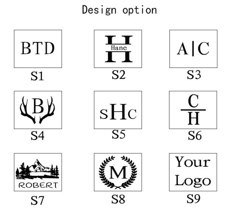May include: Nine different design options for a personalised monogram. The options include initials, names, and symbols such as antlers, a mountain, and a wreath.