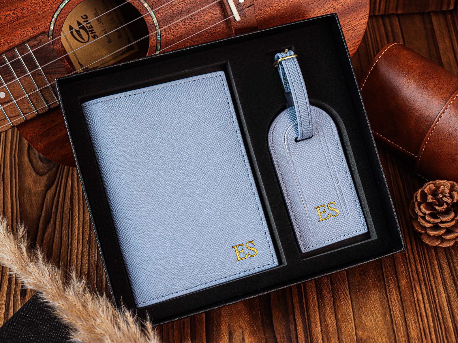 Personalized Leather Passport Holder Gift Set - Baby Blue, Tag+Cover