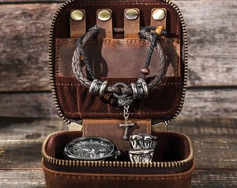 Boîte à bijoux de voyage en cuir personnalisée, rangement de bijoux de voyage, organisateur d'accessoires de voyage, cadeau personnalisé pour homme, cadeau pour lui