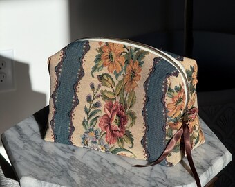 Floral Vintage Cosmetic Bag | Grandmacore Aesthetic Pouch | Textured Makeup Pouch | Travel Toiletry Organizer | Gift for Her | Handmade Bag