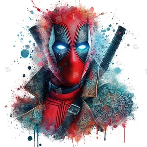 Archivo de diseño de póster digital de acuarela con salpicaduras de superhéroes de Mcu de Deadpool para arte de sublimación Descargar camiseta de cumpleaños, taza, vaso