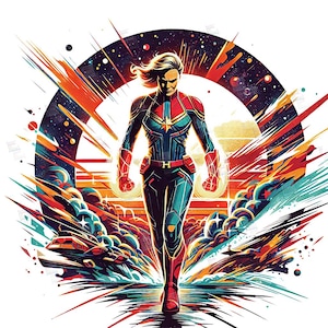 PNG Captain Marvel clipart Mcu Supereroi Splash e Pop Art Design digitale per magliette File PNG per sublimazione Maglietta Tazza Tumbler Wall Art Regalo