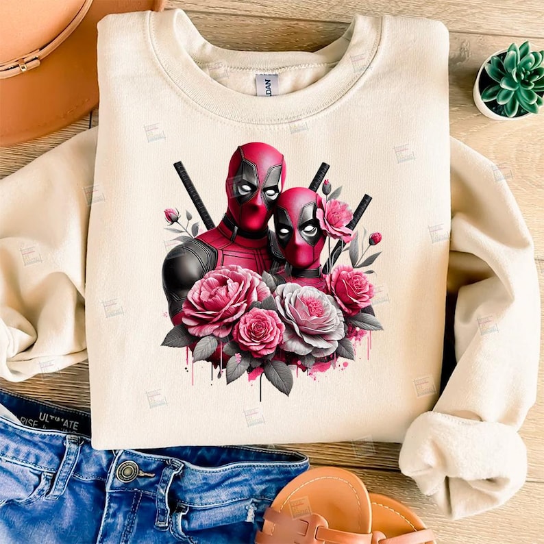 PNG, Deadpool couple clipart,  antihero floral design, Marvel gothic, superhero romance, pink rose print, sublimation art, merc with a mouth feminine art, Instant Digital,Tshirt designs, Mug Design, Wall Art, Stickers,  Clipart, card making designs,