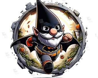 PNG Bat Gnome Clipart Hero dwarf Comic book style Superhero autumn gnome File for sublimation art Tshirt Mug Wall Art Tumbler Poster Design