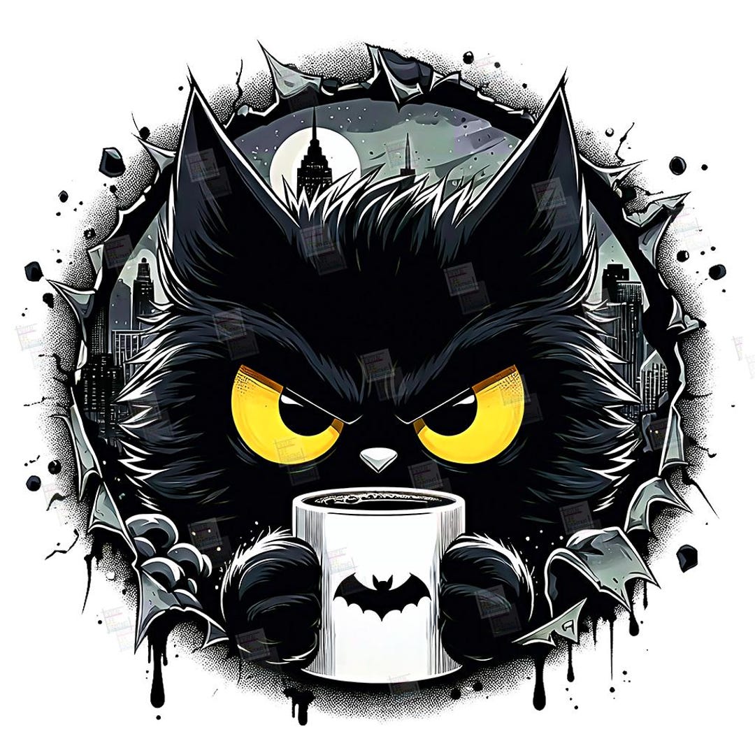 PNG Grumpy Black Cat but Bat Clipart Hero Feline Comic Book Kitty ...