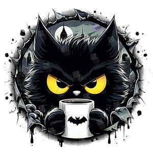 PNG knorrige zwarte kat maar vleermuis clipart held katachtige stripboek kitty superheld huisdier ontwerp cosplay schattig print sublimatie kunst tshirt mok Tumbler