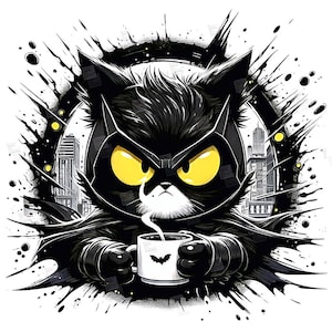 PNG knorrige zwarte kat maar vleermuis clipart held katachtige stripboek kitty superheld huisdier ontwerp cosplay schattig print sublimatie kunst tshirt mok Tumbler