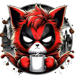 Puede incluir: Un personaje de dibujos animados rojo y negro con una taza de café en sus manos. El personaje tiene una máscara roja y negra con ojos blancos y una bufanda roja y negra. El personaje está de pie frente a un horizonte urbano.
