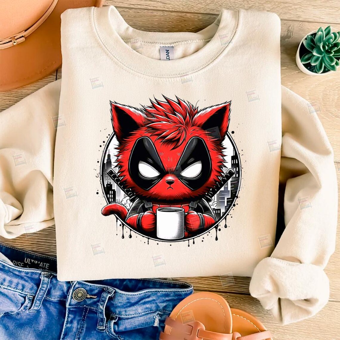 PNG Grumpy Red Cat in Deadpool Costume Clipart Feline Comic Book Style ...