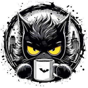 PNG knorrige zwarte kat maar vleermuis clipart held katachtige stripboek kitty superheld huisdier ontwerp cosplay schattig print sublimatie kunst tshirt mok Tumbler