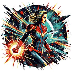 PNG Captain Marvel clipart Mcu Supereroi Splash e Pop Art Design digitale per magliette File PNG per sublimazione Maglietta Tazza Tumbler Wall Art Regalo