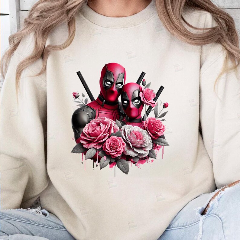 PNG, Deadpool couple clipart,  antihero floral design, Marvel gothic, superhero romance, pink rose print, sublimation art, merc with a mouth feminine art, Instant Digital,Tshirt designs, Mug Design, Wall Art, Stickers,  Clipart, card making designs,