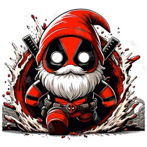 PNG Deadpool gnome design Superhero gnome art Marvel dwarf comic book style autumn gnome cosplay fall foliage print sublimation art Tshirt Mug Design Wall Art Stickers Tumbler Clipart Halloween Christmas New year card making designs gift ideas