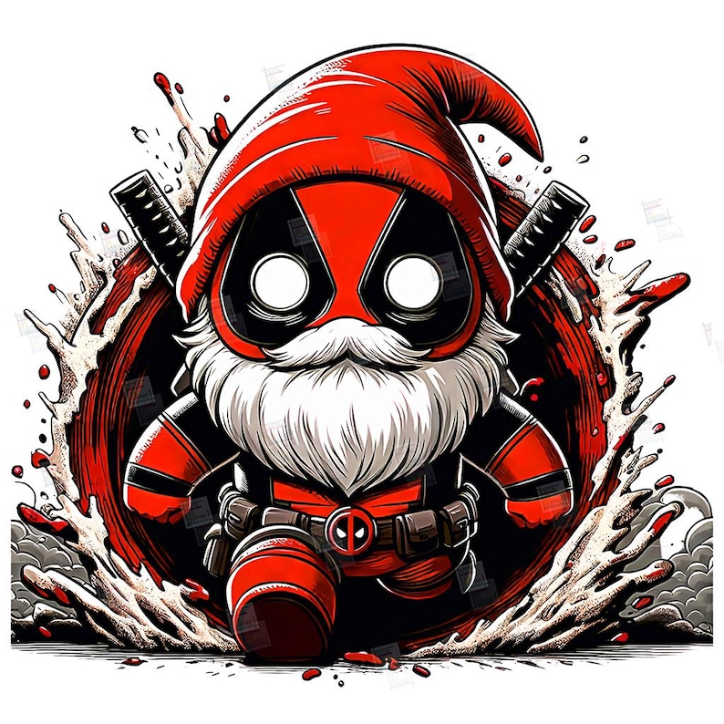 PNG Deadpool gnome design Superhero gnome art Marvel dwarf comic book style autumn gnome cosplay fall foliage print sublimation art Tshirt Mug Design Wall Art Stickers Tumbler Clipart Halloween Christmas New year card making designs gift ideas